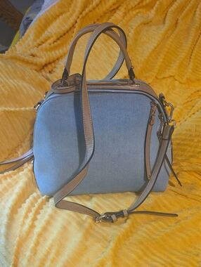 Le Miel Structured Blue Satchel with Tan Trim and Adjustable Strap
